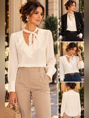 Vertigo Paris Cream Ruffle Tie Neck Blouse Preppy size L NWT